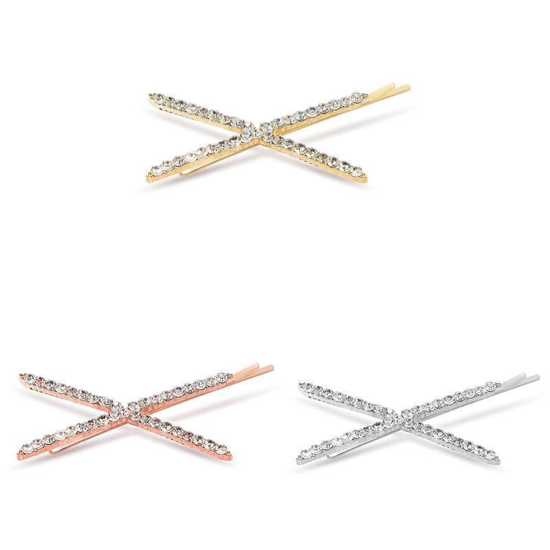 X Shaped Crystal Rhinestone Hair Clip Pin Barrette Hairpins Headwear Accessories - Silver