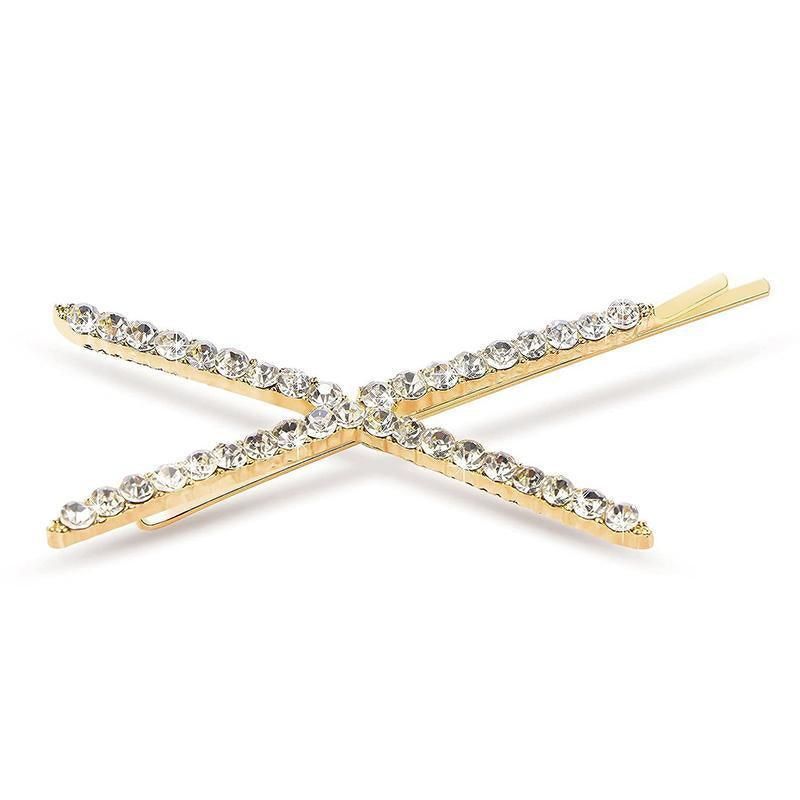 X Shaped Crystal Rhinestone Hair Clip Pin Barrette Hairpins Headwear Accessories - Gold