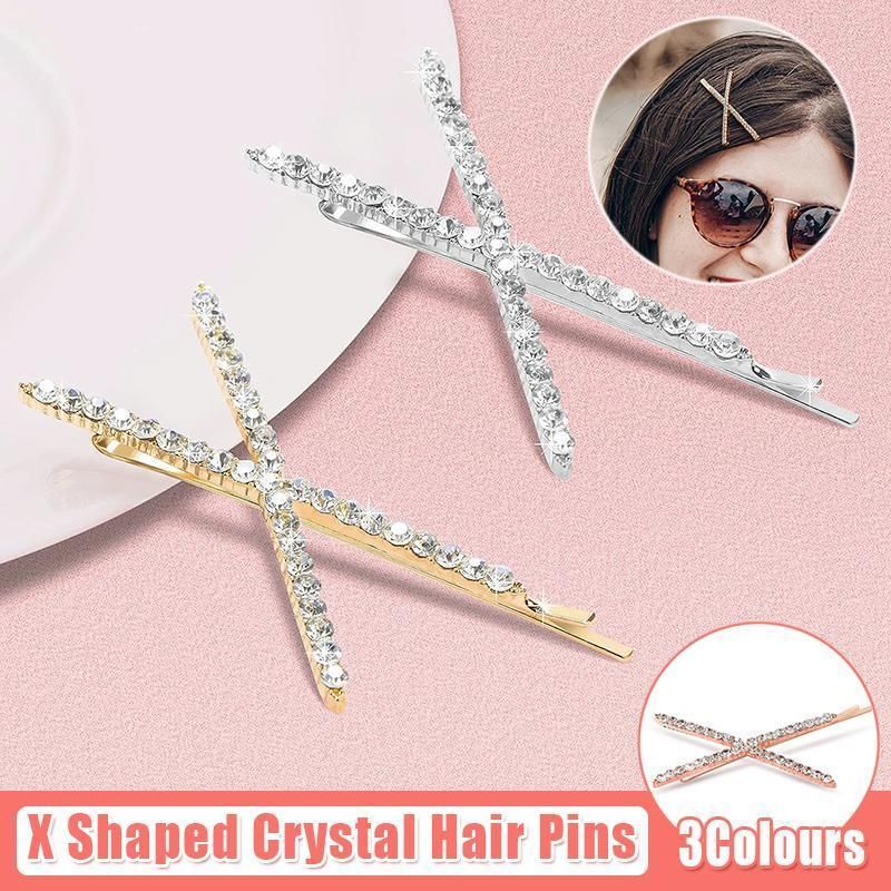 X Shaped Crystal Rhinestone Hair Clip Pin Barrette Hairpins Headwear Accessories - Gold