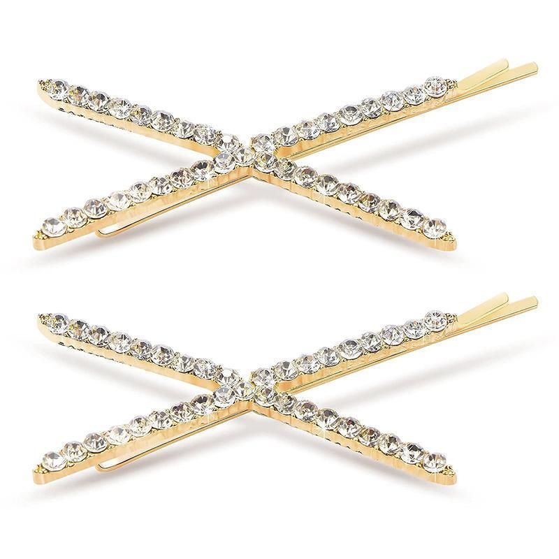 X Shaped Crystal Rhinestone Hair Clip Pin Barrette Hairpins Headwear Accessories - Gold