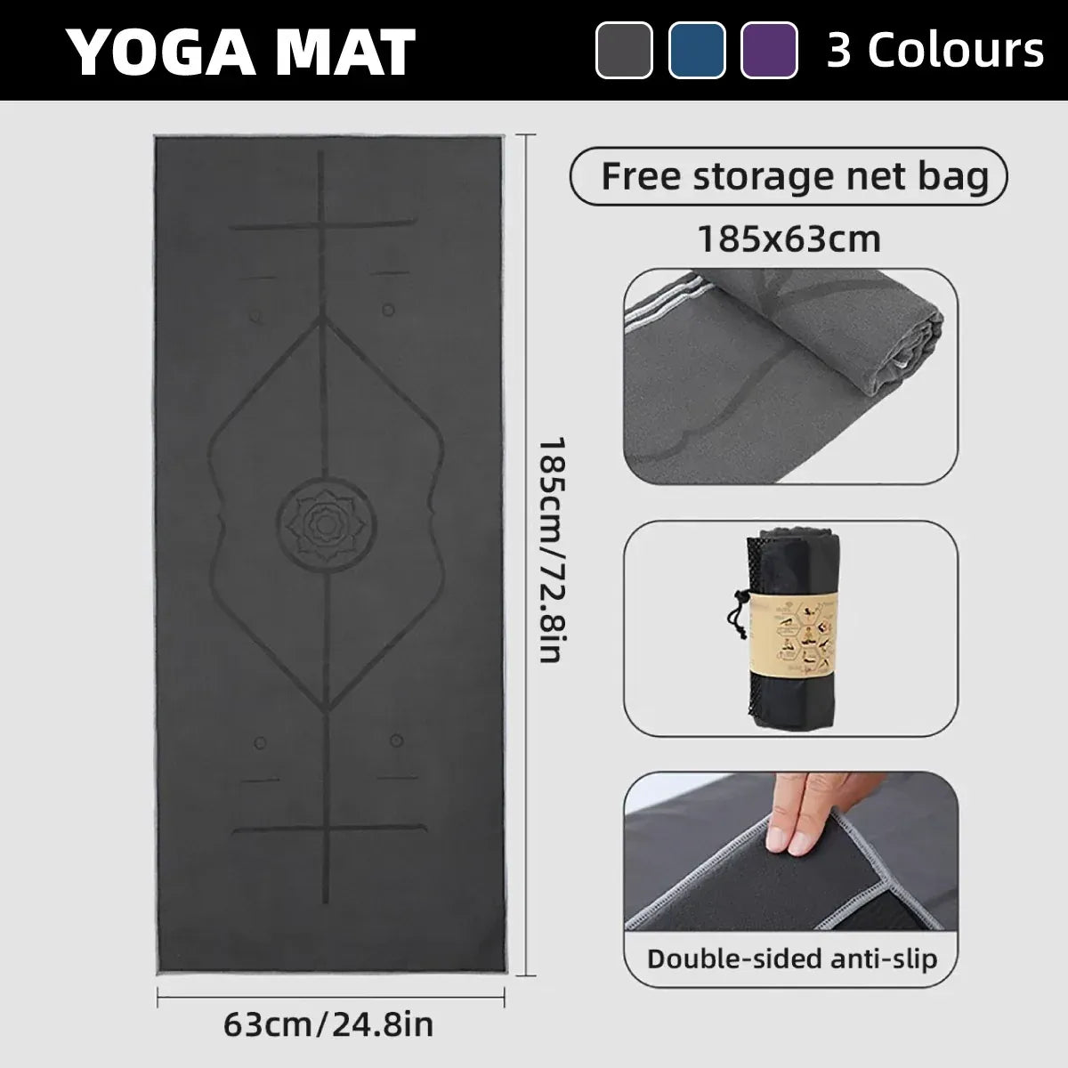 Portable Yoga Blanket with Body Position Line Non Slip Soft for Home Gym Studio - Purple