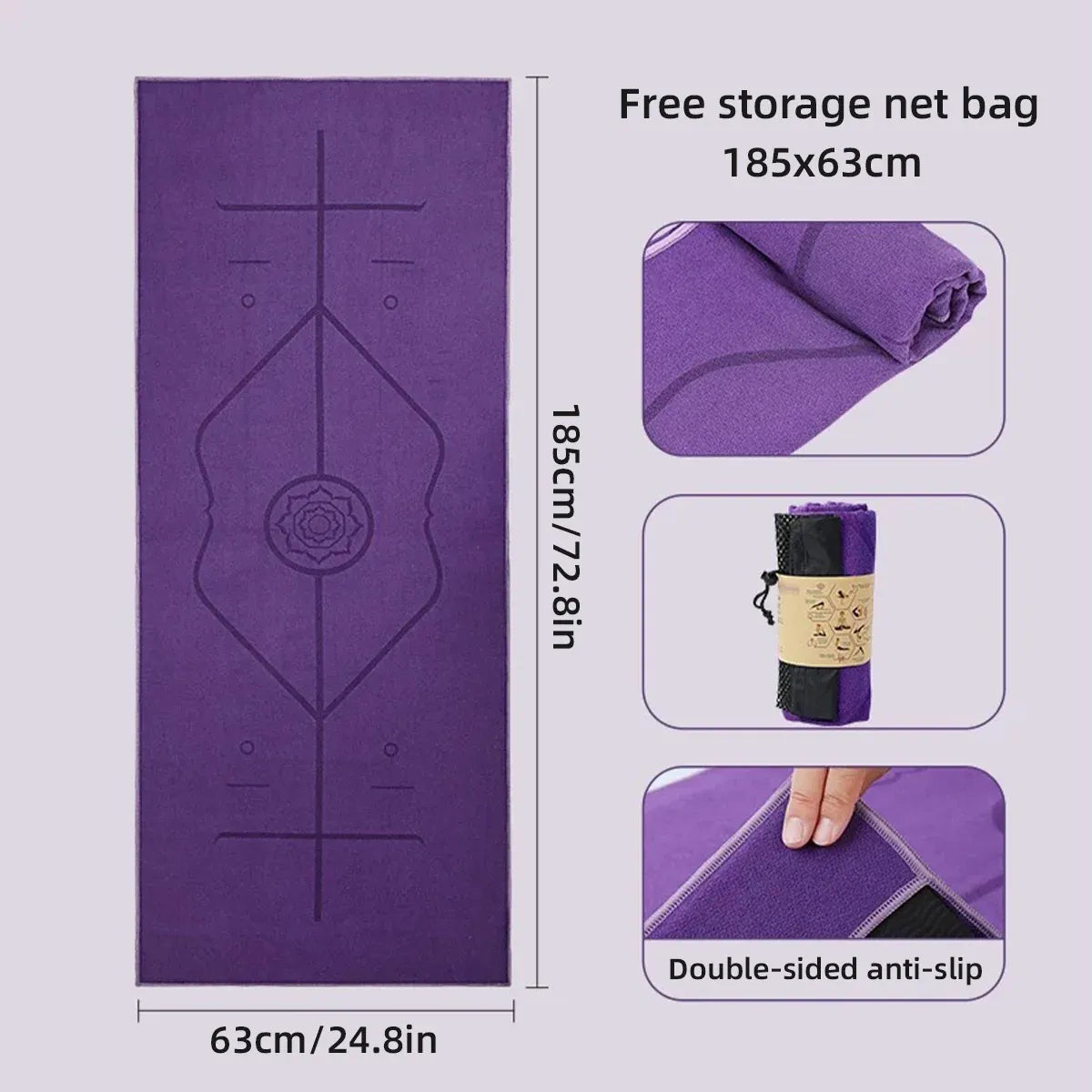 Portable Yoga Blanket with Body Position Line Non Slip Soft for Home Gym Studio - Purple