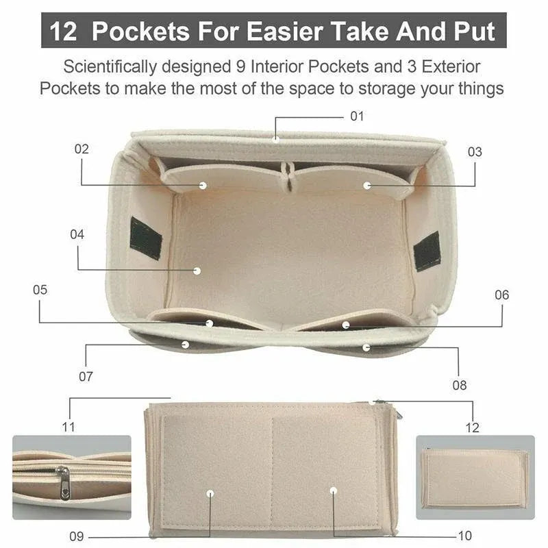 Felt Handbag Organizer Insert with Multiple Pockets for Tote and Purse - Beige L Size