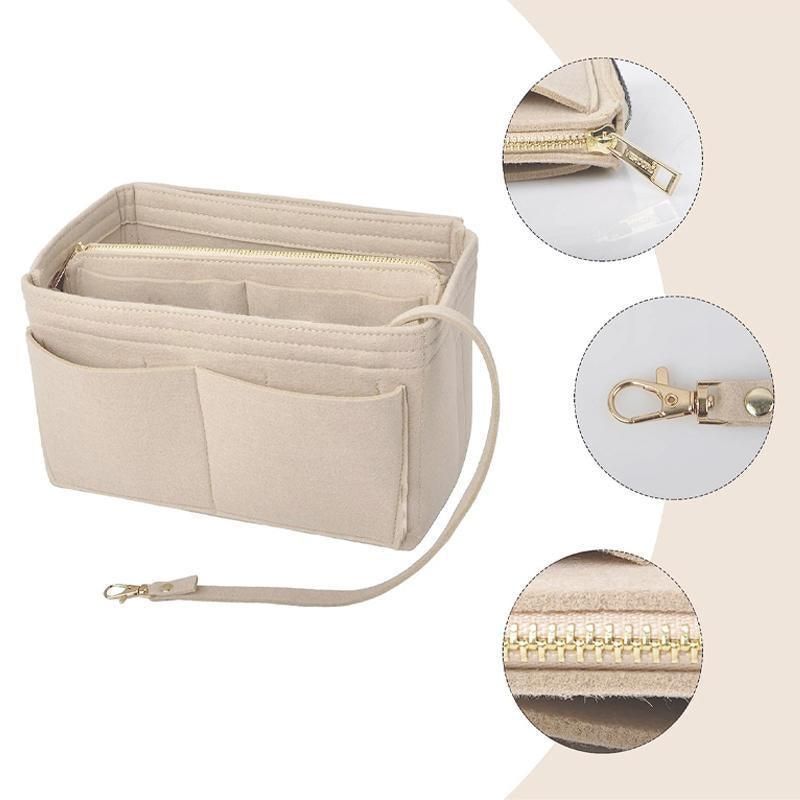 Felt Handbag Organizer Insert with Multiple Pockets for Tote and Purse - Beige L Size