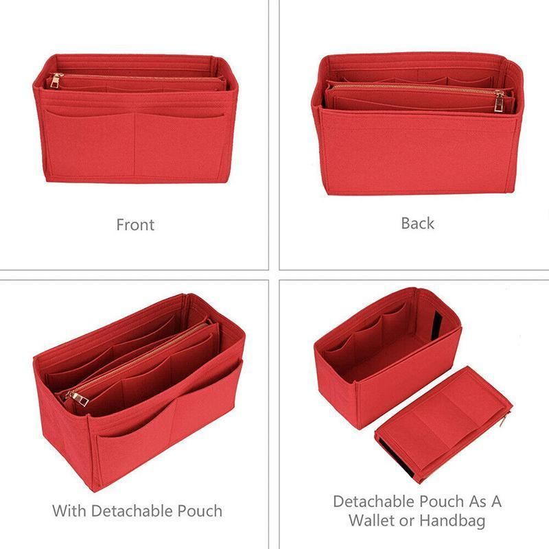 Felt Handbag Organizer Insert with Multiple Pockets for Tote and Purse - Red XL Size