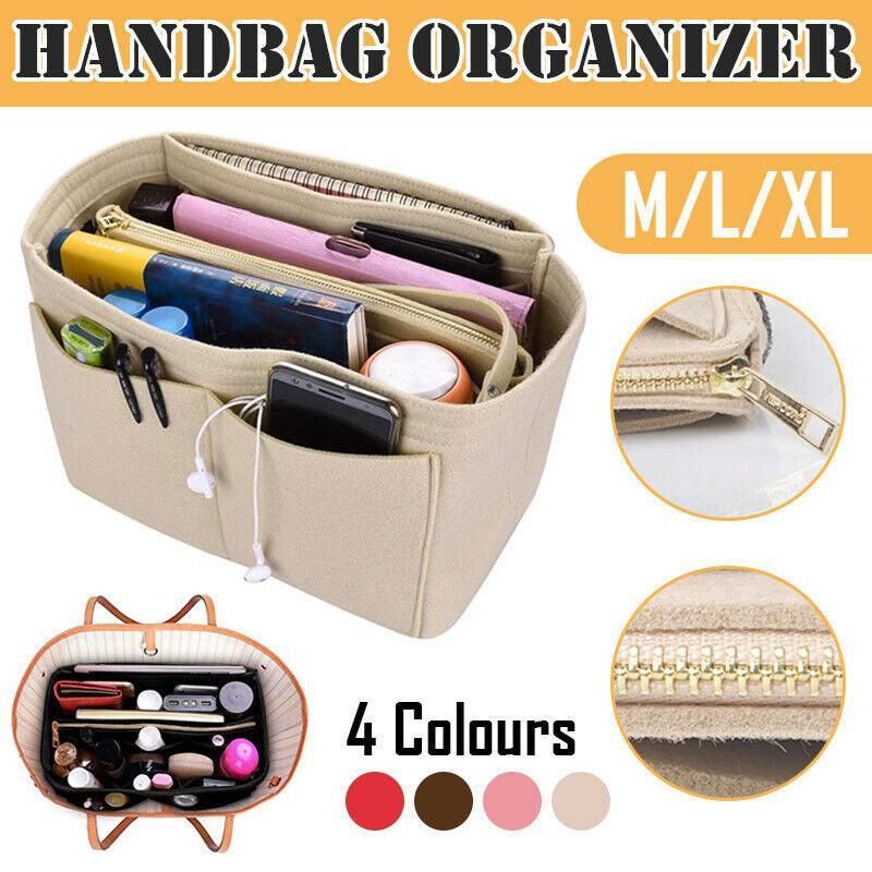 Felt Handbag Organizer Insert with Multiple Pockets for Tote and Purse - Red XL Size