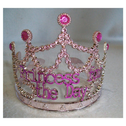 Princess for the Day Tiara – Silver Rhinestone Crown with Pink Lettering - Silver