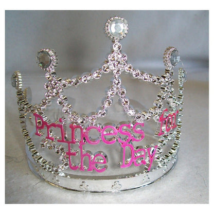 Princess for the Day Tiara – Silver Rhinestone Crown with Pink Lettering - Silver