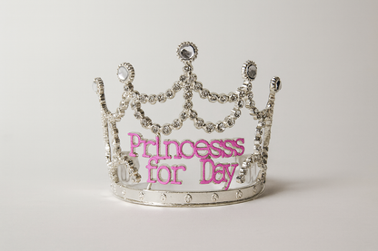 Princess for the Day Tiara – Silver Rhinestone Crown with Pink Lettering - Silver