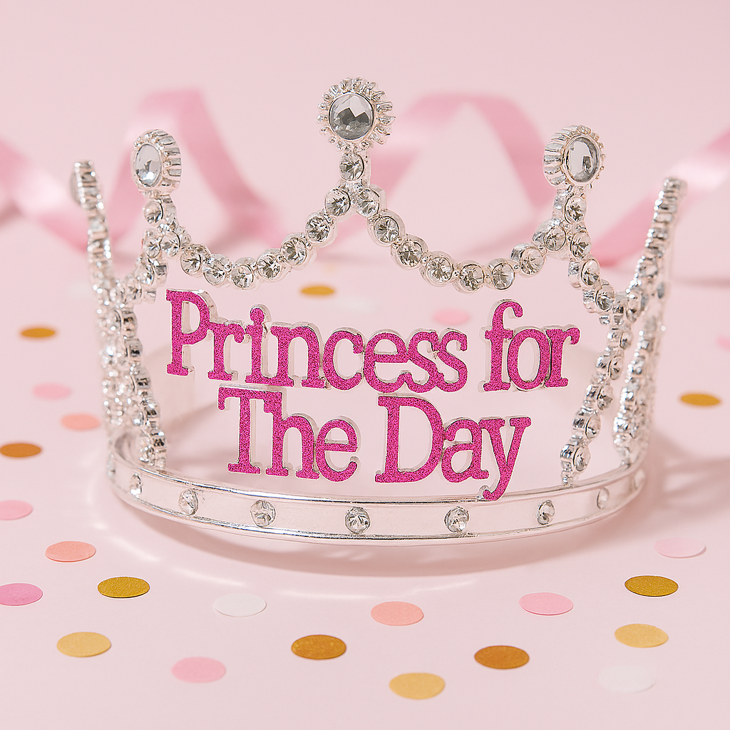 Princess for the Day Tiara – Silver Rhinestone Crown with Pink Lettering - Silver