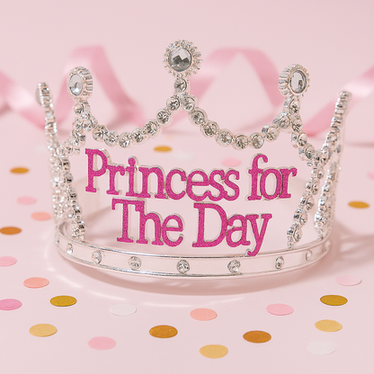 Princess for the Day Tiara – Silver Rhinestone Crown with Pink Lettering - Silver