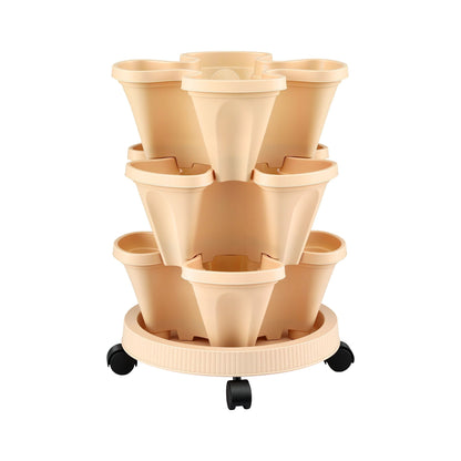 Green Fingers 3 Tier Stackable Vertical Planter Tower Strawberry Pot Wheels Beige