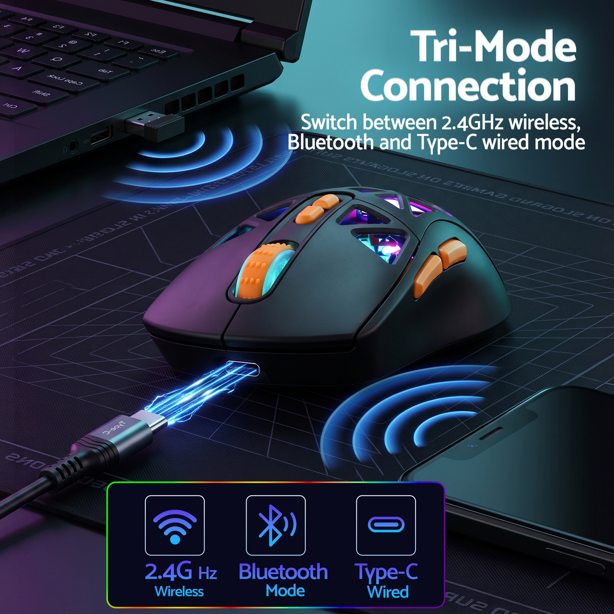 SOLAKAKA SM802 Pro Tri-Mode Gaming Mouse RGB 24000 DPI Hotswap