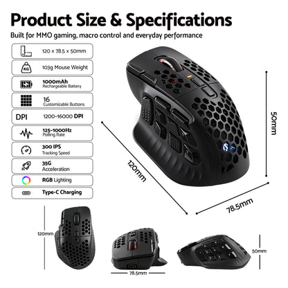 SOLAKAKA Wireless MMO Gaming Mouse 16 Buttons Bluetooth 24000 DPI RGB