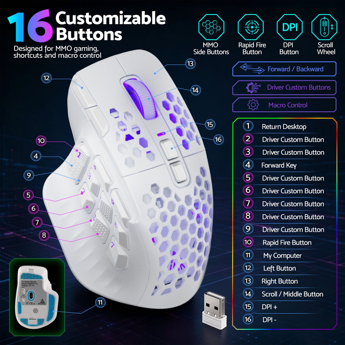 SOLAKAKA Wireless MMO Gaming Mouse 16 Buttons Bluetooth 24000 DPI RGB