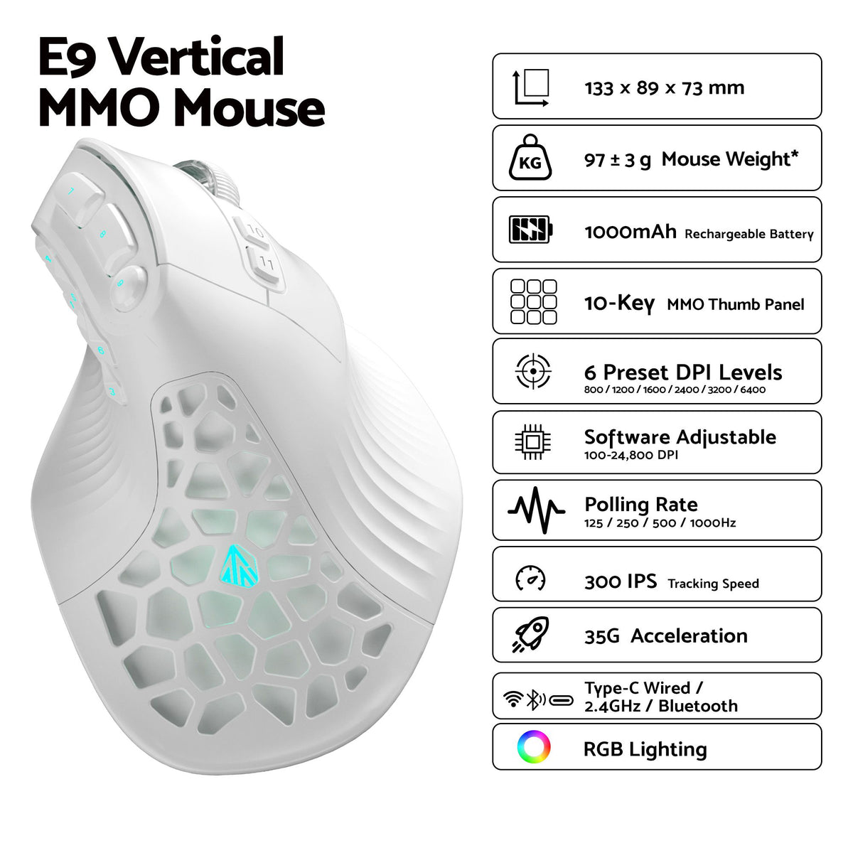 SOLAKAKA E9 Vertical MMO Gaming Mouse Tri-Mode 36000 DPI Ergonomic