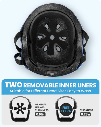 OutdoorMaster Youth & Kids Bike Helmet - Adjustable Multi-Sports Skateboard Helmet with Removable Liners for Balance Bike, Kids Scooter, One Wheel Hoverboard,Graffiti-style helmet-Dinoverse Madness-Large